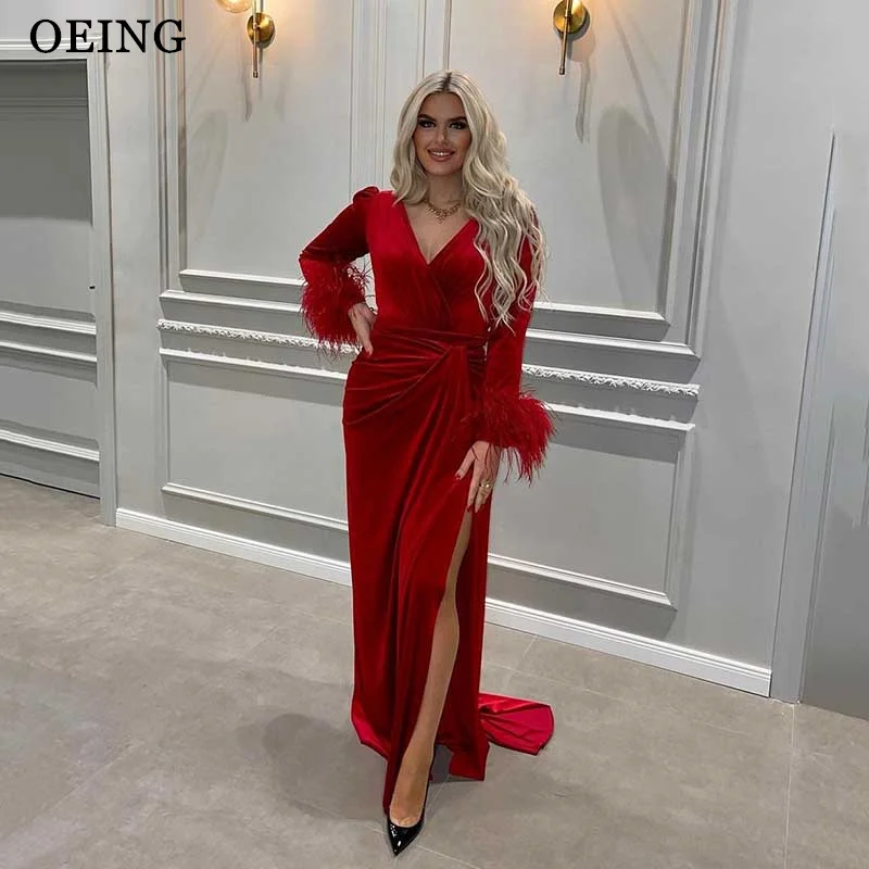 OEING Red Prom Dresses Elegant Long Sleeves Side Split Velvet Feathers Evening Dress Formal Occasion Gown Vestidos De Noche