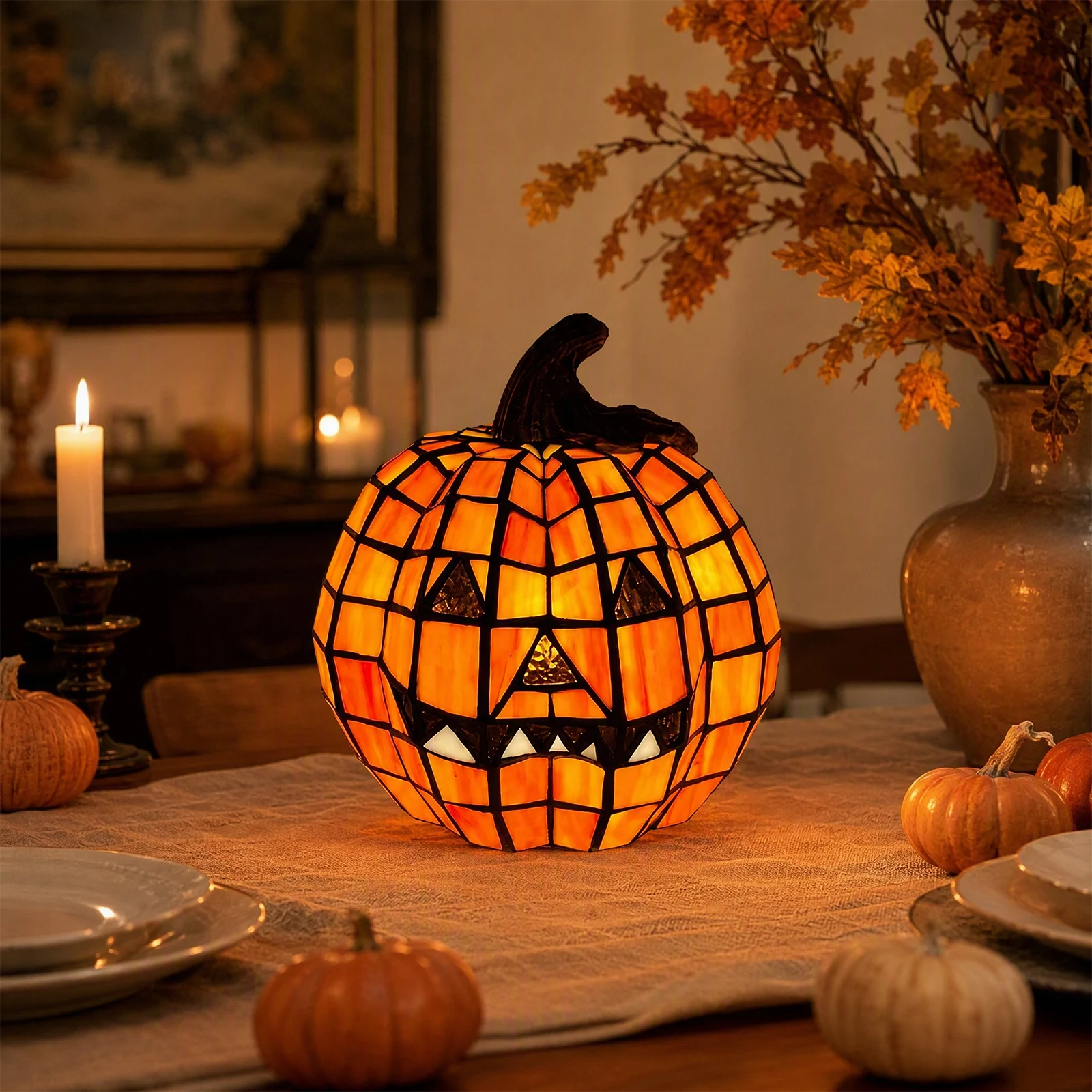 Halloween Lantern USB Glass Pumpkin Night Light Handcrafted Decorative Seasonal Home Decor Desk Lamp