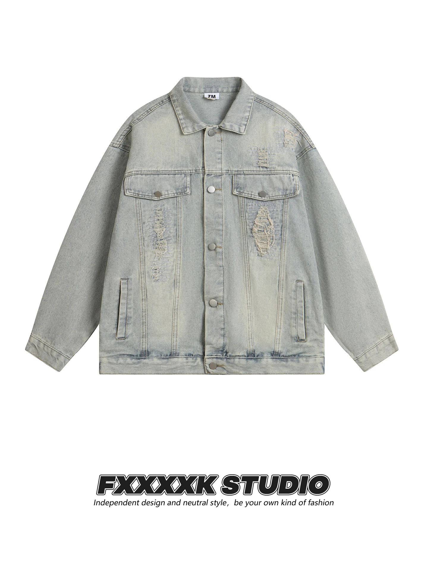 FXK Original High Street Heavy Waed Vintage Design Hole Denim Jaet Loose Fit for Men And Women Retro Sle Autumn Winter