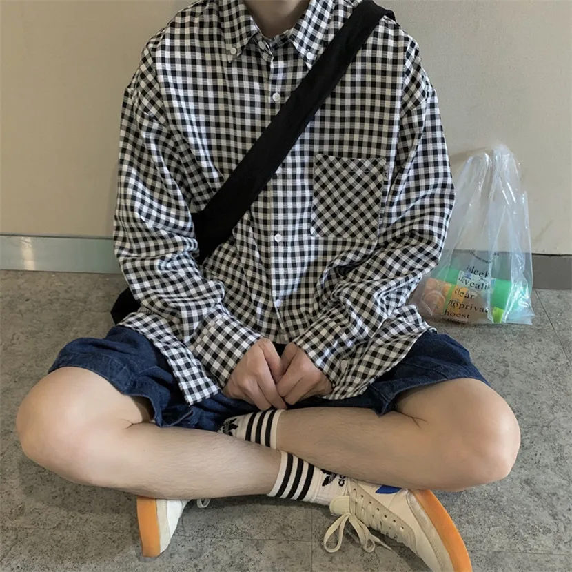

Классическая клетчатая рубашка с длинными рукавами, мужская повседневная весенняя модная рубашка в гонконгском стиле, свободный крой, молодежная модная весенняя верхняя одежда