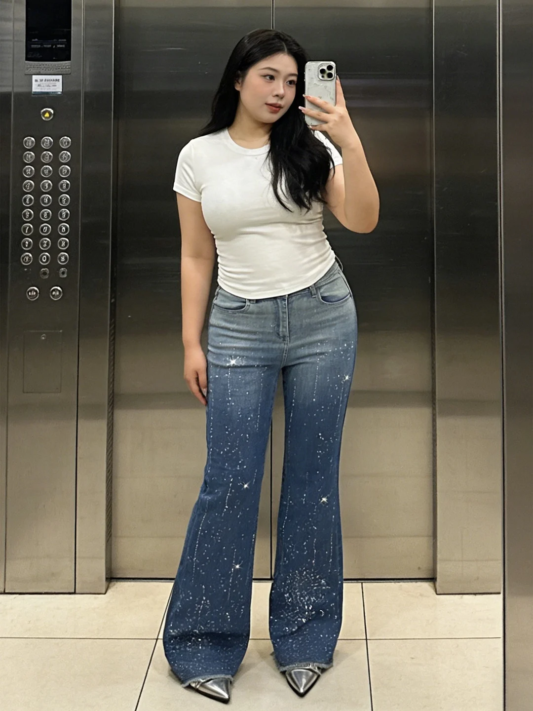 

plus Size Women's Bell Bot Jeans High Waist Zipper Closure Comfortable Breathable Casual Sle Geometric Pattern Spring Su...