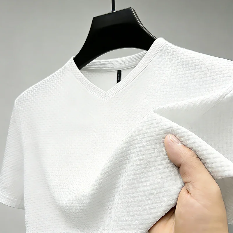 Men's Casual Ice Silk V Neck T-Shirt Short Sleeve Waffle Knit 2026 New Arrival image 3