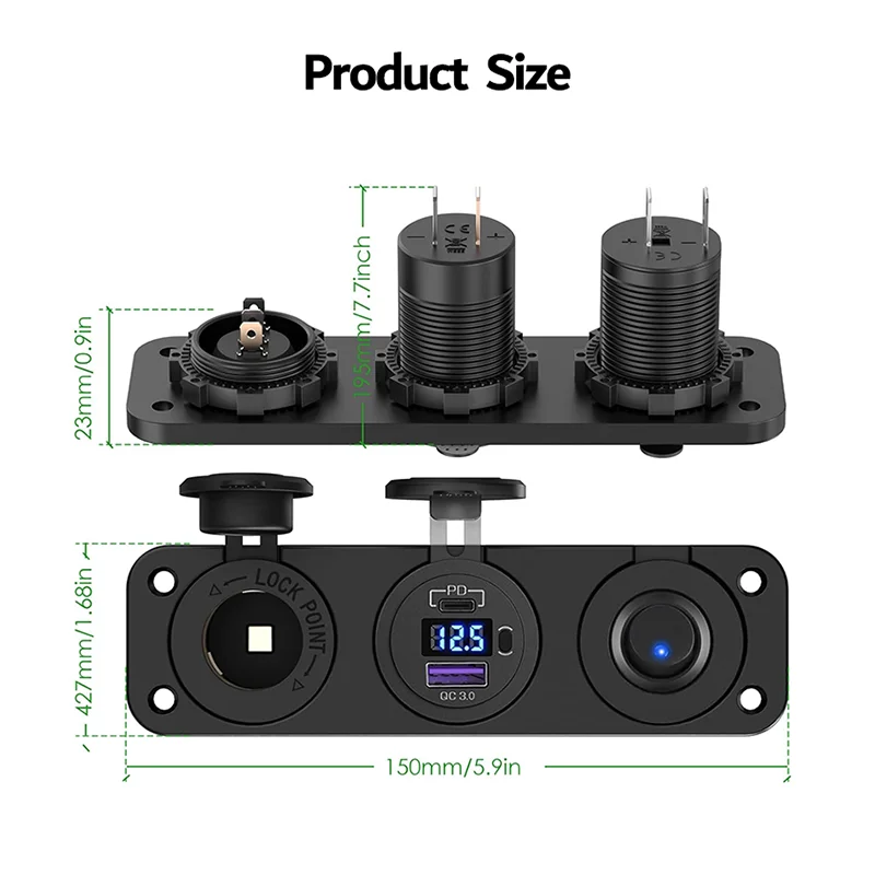 Zigarettenanzünder-Buchse, 12 V, Splitter mit Kippschalter, PD, USB, C, QC3.0, Auto-USB-Ladebuchse, Splitter-Panel mit LED-Voltmeter – Detail 4