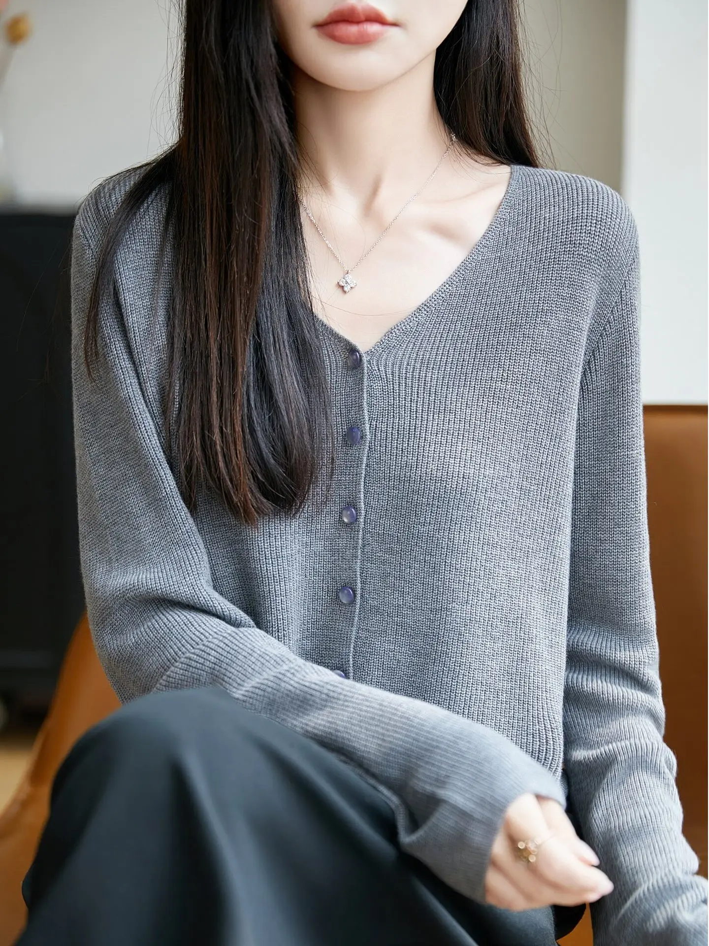 Elegant V-Neck Knitted Open Cardigan Women's Short Outerwear Grey Button Sweater Top Minimalist Style Warm Soft Long Sleeve