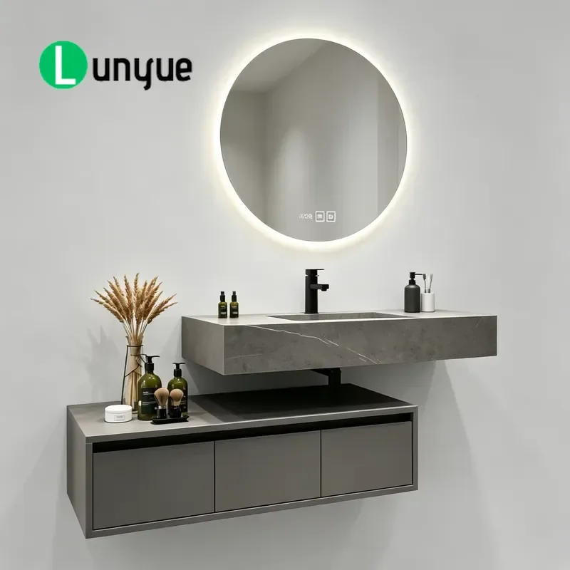 Modern Floating Bathroom Sink with LED Mirror Stone Basin Wall Mounted Waterproof Vanity Cabinet for Hotel Apartment