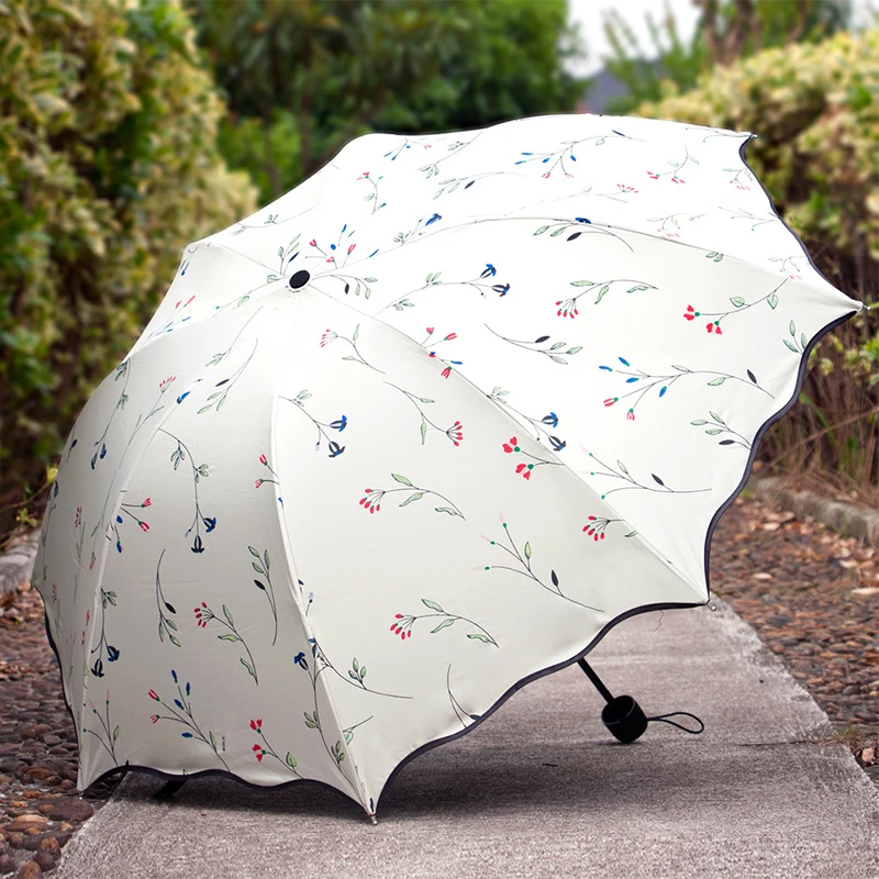 Umbrella UV Protection Women\'s Sun Umbrella Folding Umbrella Windproof Travel Umbrella with Flowers On Canopy