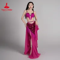 Conjunto de danza del vientre para mujer, sujetador personalizado con borlas y piedras AB para personas mayores + Falda larga de gasa con lentejuelas, traje de actuación de danza del vientre de 2 uds.