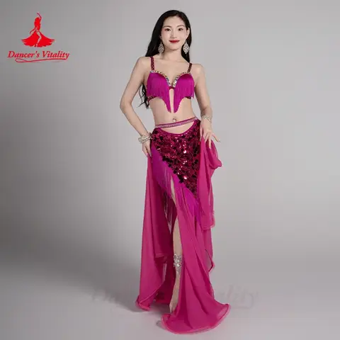 여성용 맞춤형 발리 댄스 세트 – AB 스톤 태슬 브라 & 스팽글 쉬폰 롱 스커트, 공연용 코스튬 2종