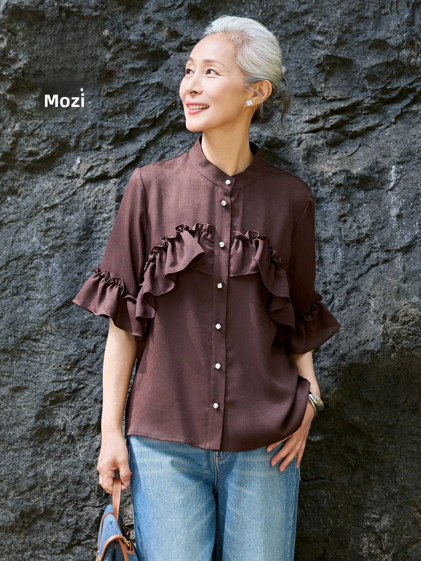 

Muzhi Mom Summer Short Sleeve Shirt Middle Aged Women's Casual Chiffon T-Shirt Elderly Casual Top Earlet Lace Trim Polyester ...