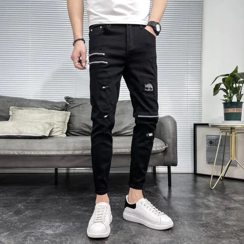 New Arrival Luxury Black Jeans Men's Korean Fashion Men Hip-hop Zipper Designer Cowboy Solid Classic Punk Casual Slim Pants