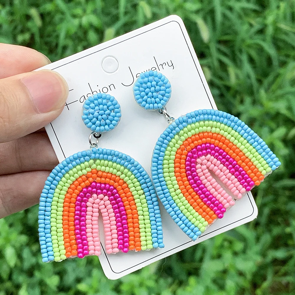 Rainbow Earrings Beaded Colorful Rainbow Arch Statement Earrings Handmade Bohemia Earrings For Women Girls Jewelry