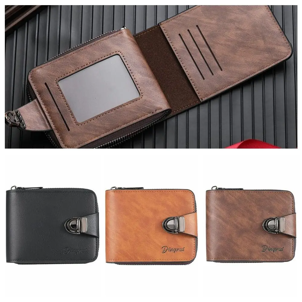 

Portable Zipper Men's Wallet Solid Color Buckle Business Wallet Card Holder Multiple Card Slots Leather Coin Purse Daily