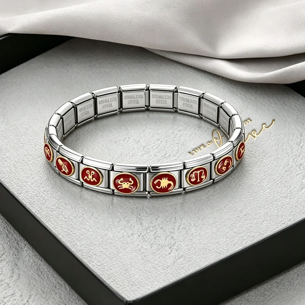 2026 Neue Mode Bunte 1-12 Sternzeichen Edelstahl-Charm-Gliederarmband im italienischen Stil 9mm für DIY Schmuckherstellung für Damen und Herren – Detail 2