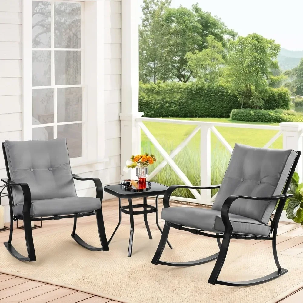 3-teiliges Bistro-Set mit Schaukelstühlen für den Außenbereich, Terrassenmöbel aus schwarzem Eisen mit grauem, verdicktem Kissen und Couchtisch mit Glasplatte