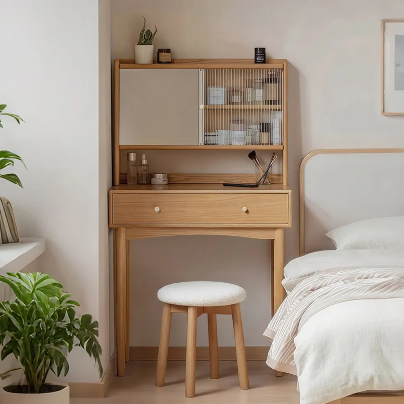 Solid wood dresser, small modern bedroom, simple small apartment makeup table, desk integrated 2025 new makeup mirror