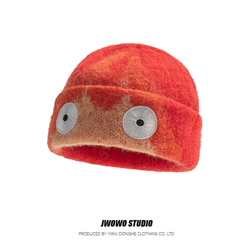 Gradient Flame Wool Knitted Cap Women European Large-eye Embroidered Woolen Hat Winter Outdoor Casual Warm Pullover Bucket Cap