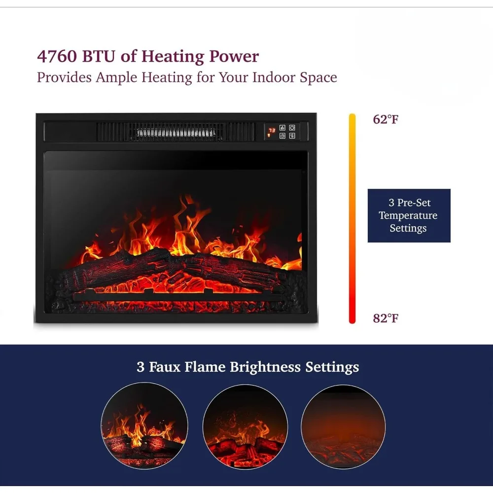 23 Inches Electric Fireplace Insert Heater, Realistic Adjustable Flames and Remote Control, Built-in Timer & Thermostat