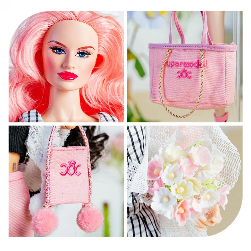 32cm 슈퍼 모델 인형 복장 유럽 패션 체크 무늬 셔츠 핑크 액세서리 세트 공주 드레스 DIY 장난감 수집가 선물