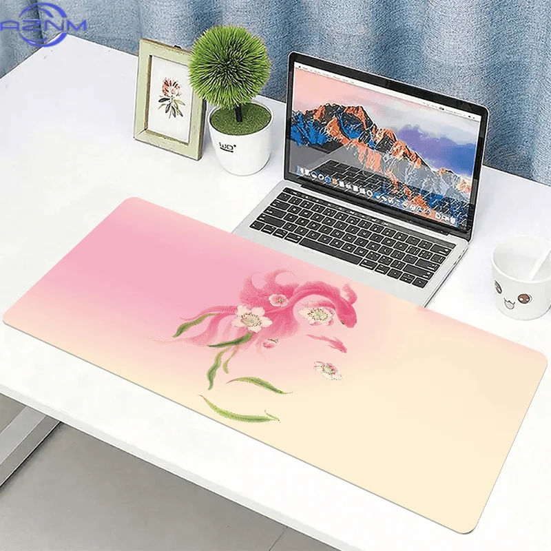 1pc Large Pink Koi Fish & Flower Desk Mat Compatible for Office & Home - Extra Wide Extended Table Mat with Non-Slip Base, Soft