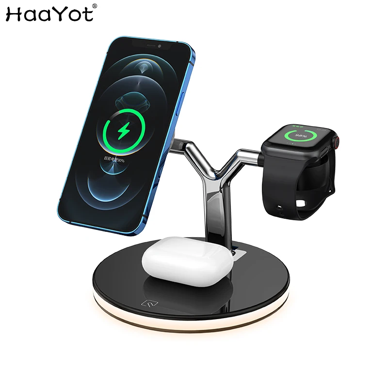 3 in 1 Wireless Charging Station for Apple Mag-safe Magnetic Fast Charger Stand for iPhone 15/14 Series Watch Airpods with LED