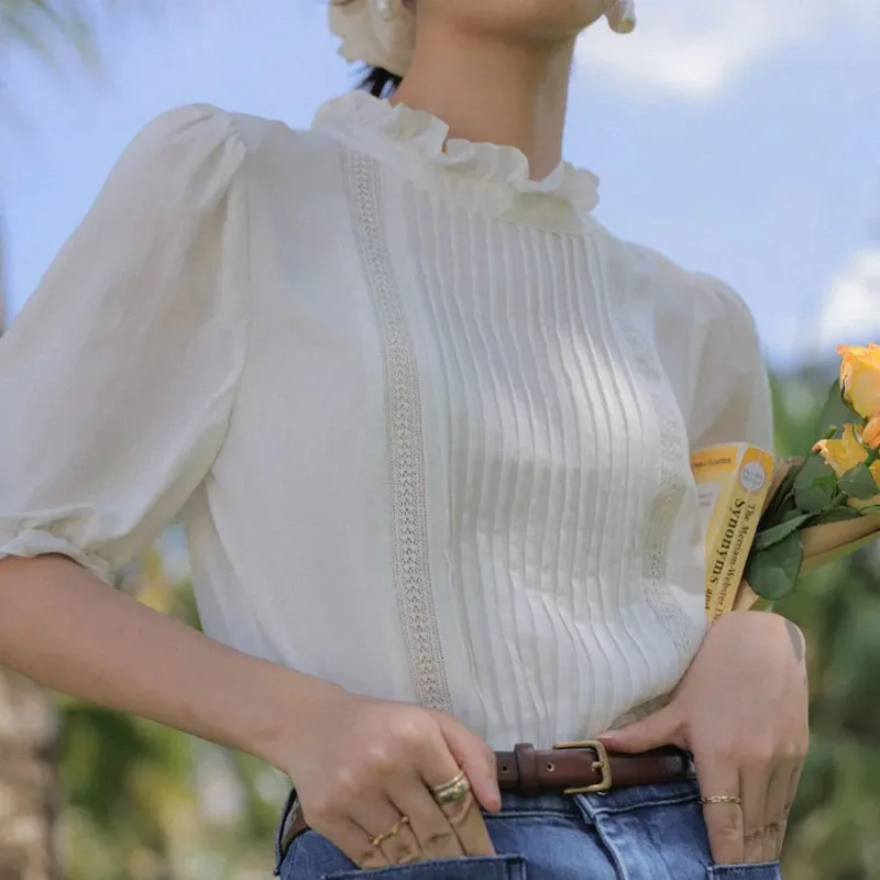 

Women's French Vintage White Blouse Ruffle Stand Collar Puff Short Sleeve Pleated Lace Trim Summer Elegant Top