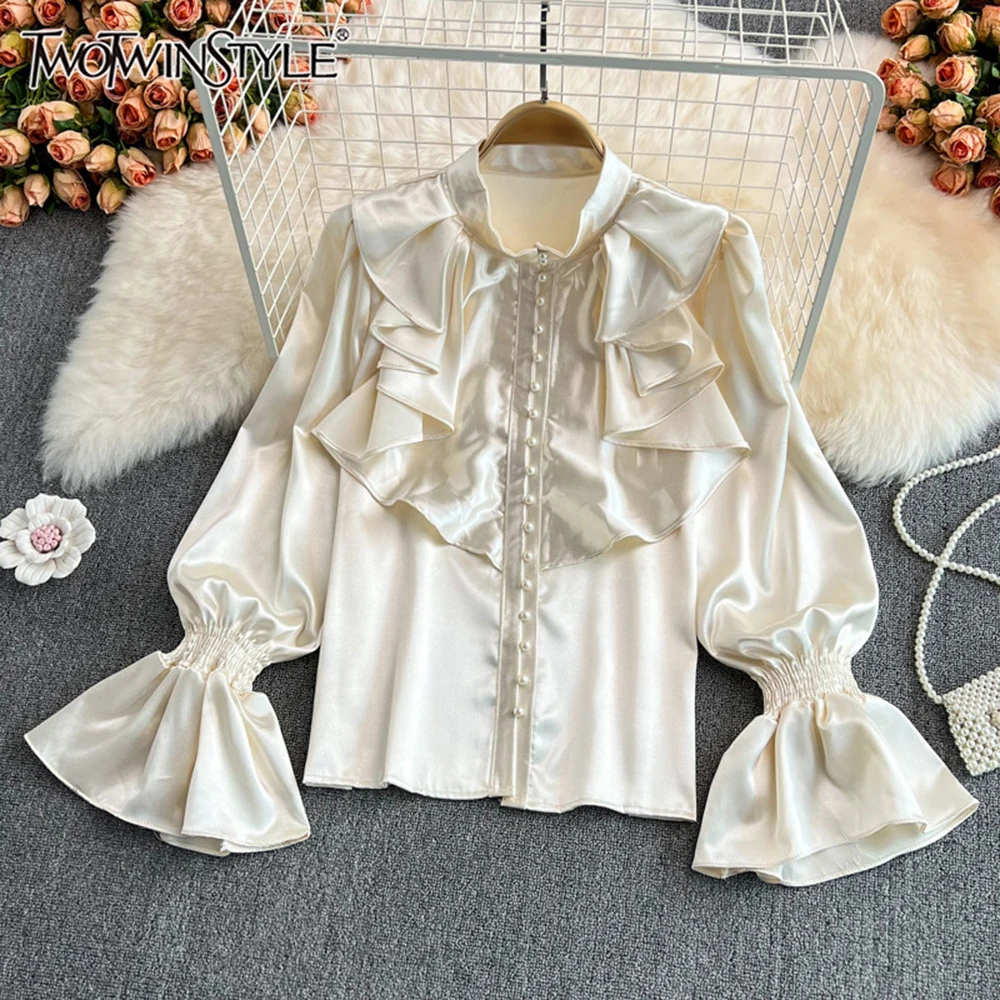 

TWOTWINSTYLE винтажные темпераментные однотонные блузки для женщин с воротником-стойкой и длинными рукавами, элегантные женские рубашки на пуговицах KBL557004