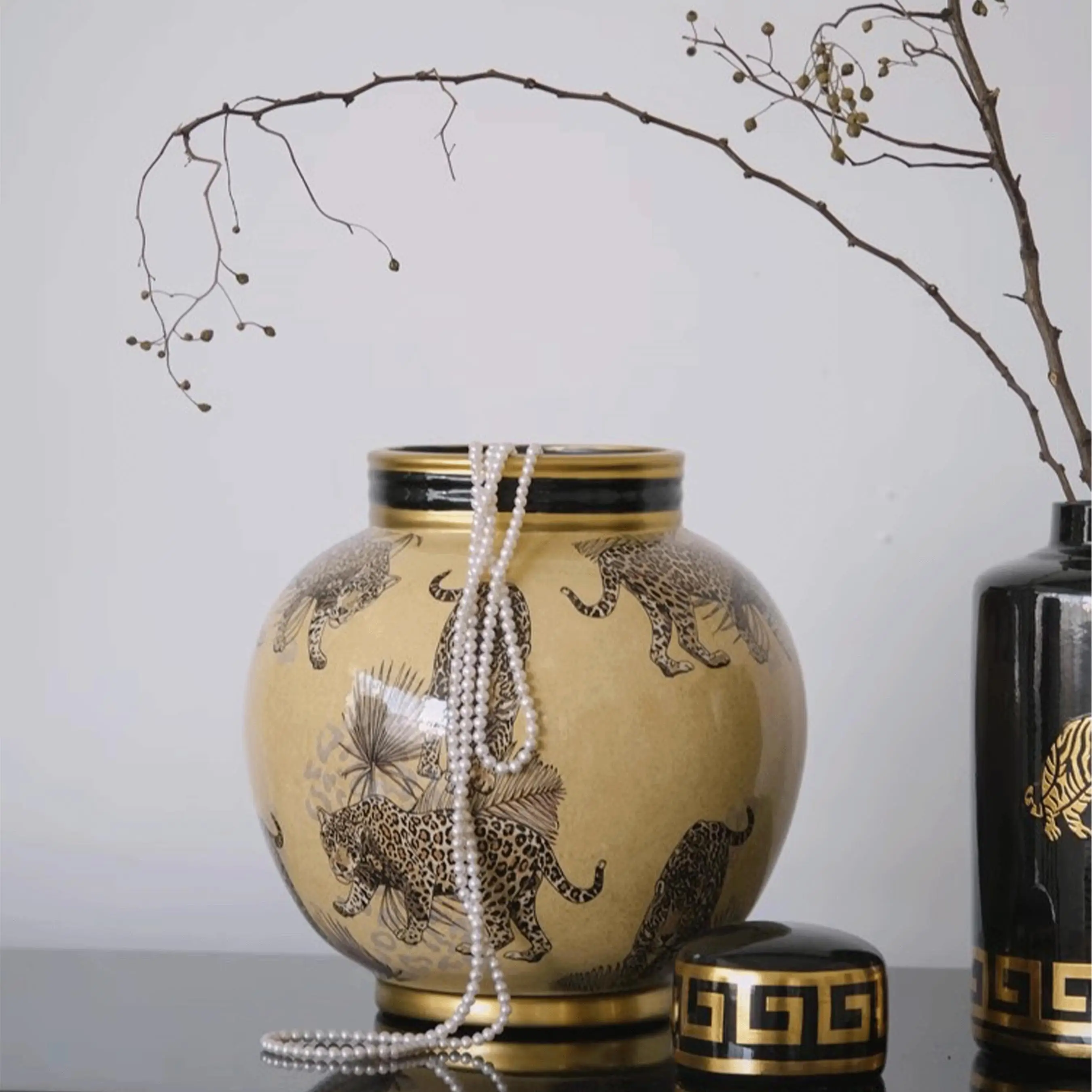 Home Decoration Ceramic Vase Handmade Porcelain Imitation Tiger Pattern Flower Vase Ceramic Handicraft Porcelain Bottle Vases