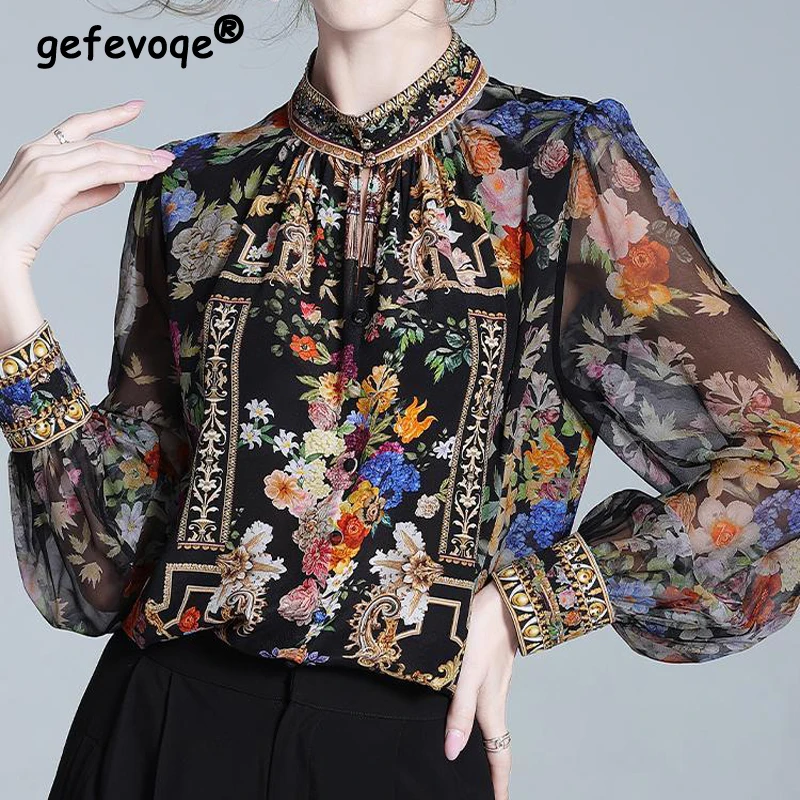 Women Vintage Fashion Floral Print Luxury Design Blouse Elegant Stand Collar Silk Shirt Long Sleeve Loose Tops Blusas Para Mujer