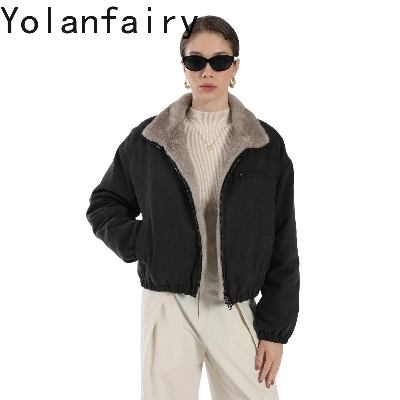 YOLANFAIRY Women's Casual 100% Real Fur Genuine Mink Coat Winter Turn-down Collar Parka Detachable Natural Whole Mink Fur Liner