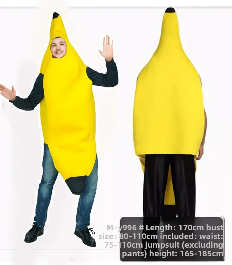 Disfraz de superhéroe de plátano y fruta para adultos, traje de animación de dibujos animados para actuación de Halloween, disfraz de escenario con tema de fruta divertido