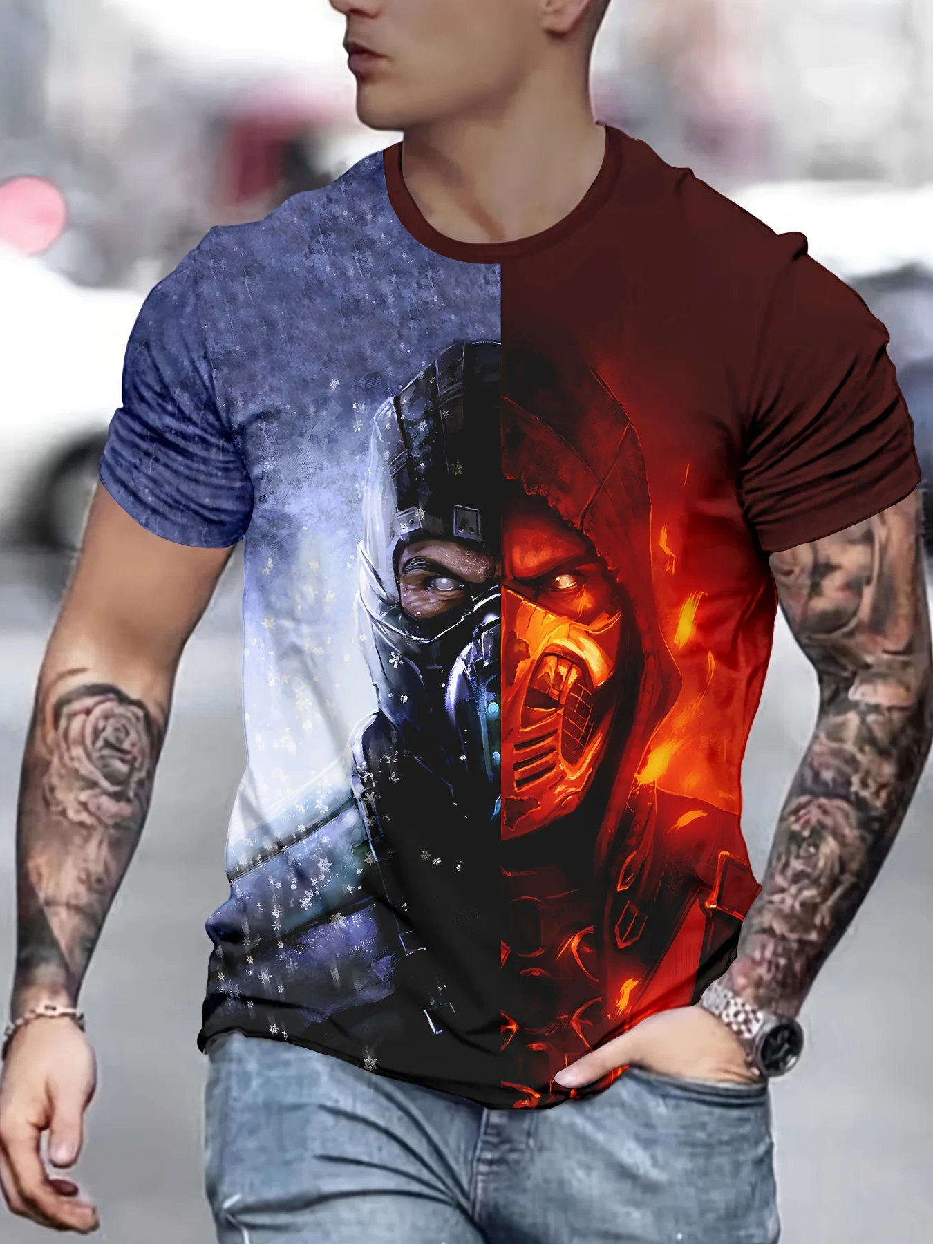 

[Футболка с рисунком из 100% полиэстера] Мужская футболка с 3D принтом, повседневный круглый вырез, трикотаж из 100% полиэстера, легкая стрейч, обычная посадка