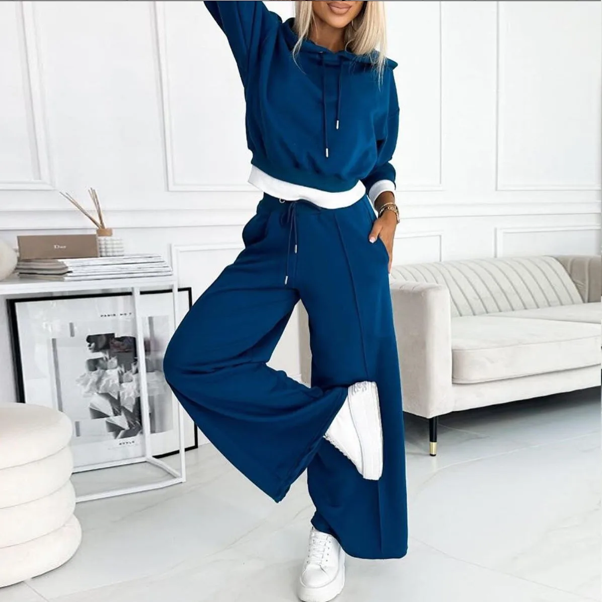 2023 Autumn Winter Long Sleeve Hoodie Sweatshirt and Drawstring Wide Leg Pants Casual Solid Color Tracksuit Women Two Piece Set