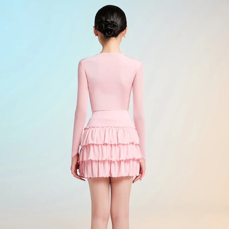 2025 crianças rosa camisa de manga comprida bolo saia roupas de treinamento de dança latina para meninas chacha rumba dança latina wear dqs21338