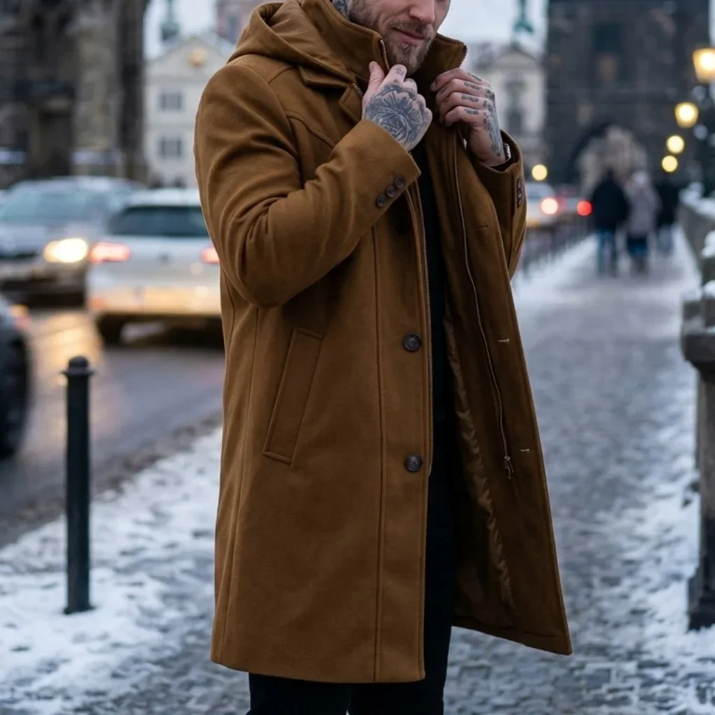 New Autumn-Winter Men's Double-Layered Hooded Overcoat Warm Durable Street Smart Casual Long-Length Outerwear for Men