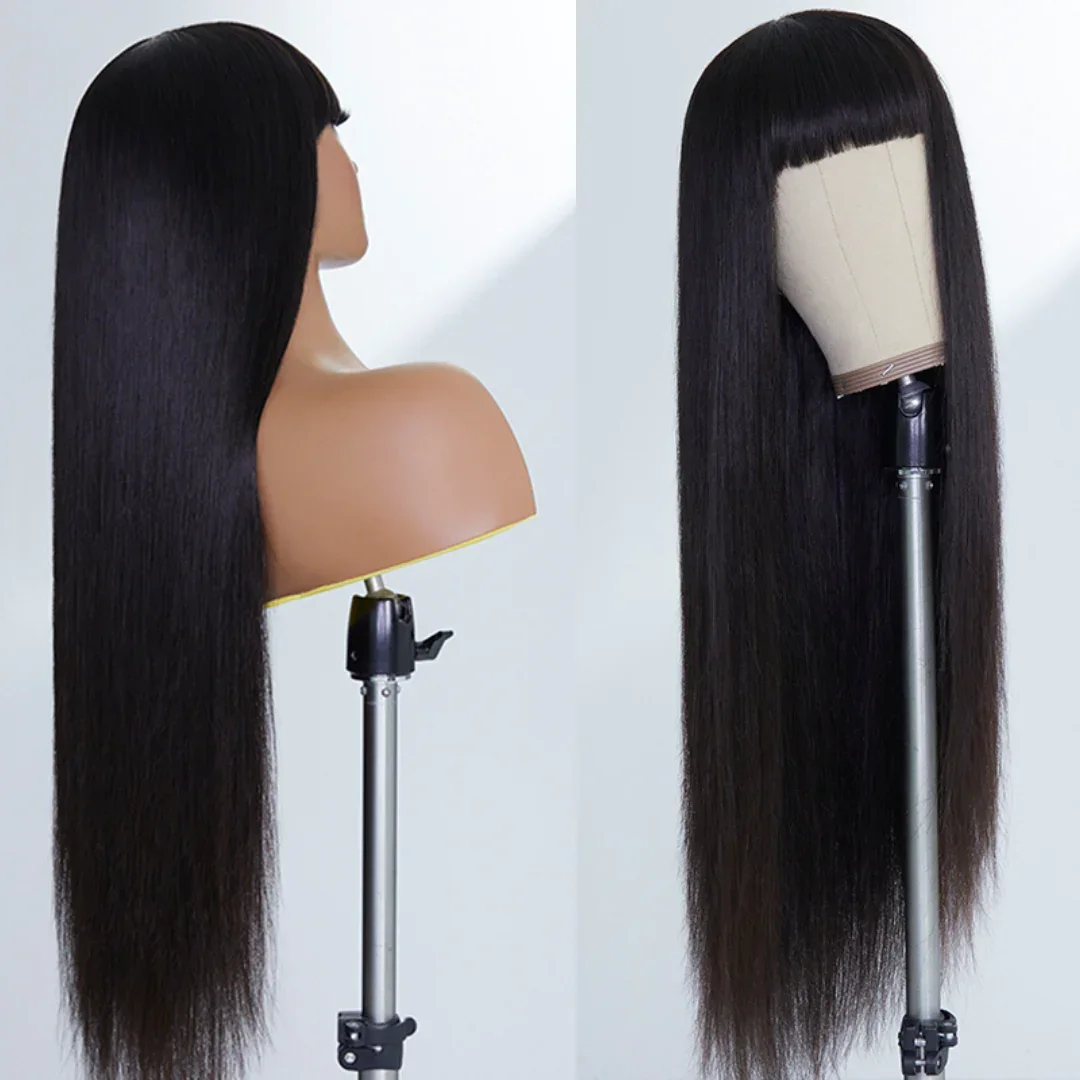 Natural Straight Wig With Bangs 100% Human Hair Wig Without Glue Brazil Full Machine Made Fringe Remy Hair Wigs Ready To Wear