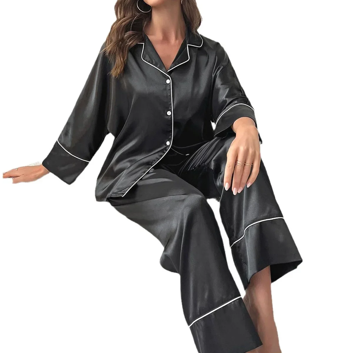 Шелковый Атласный Женский пижамный комплект, топ с английским воротником и длинные брюки с широкими штанинами, одежда для сна из 2 предметов, женская одежда для отдыха, как костюм для отдыха