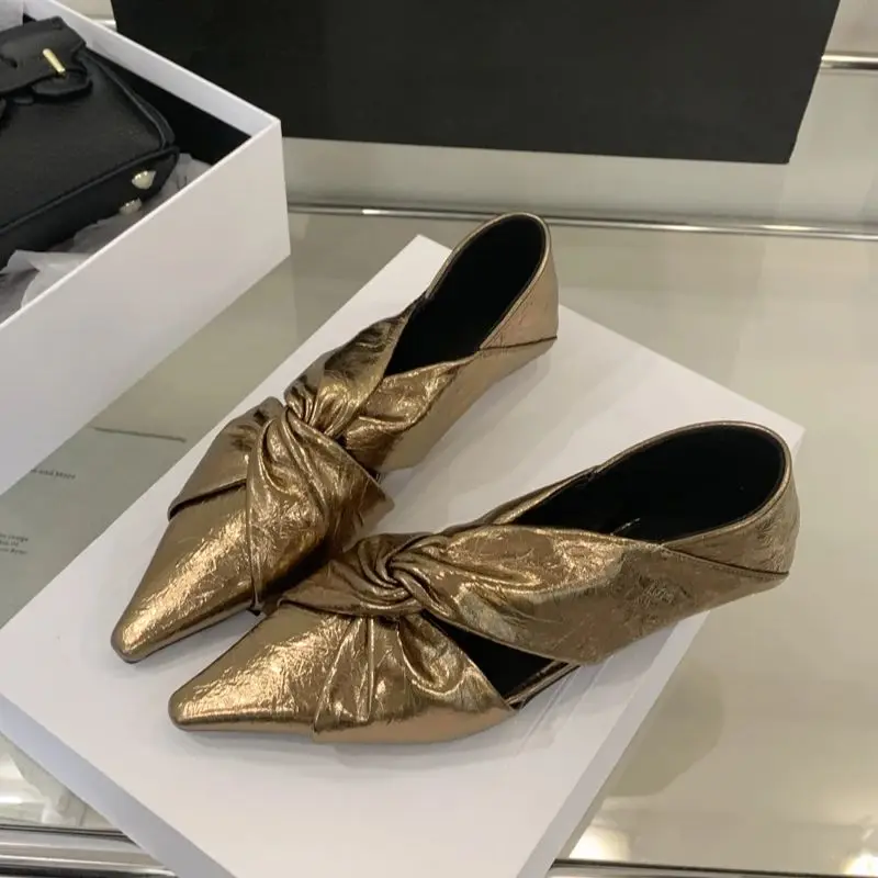Gold Flats Woman Pointed Toe Shoes Fashion Cross Ladies Pumps Autumn Flat Shoes Chaussure Femmes 2025