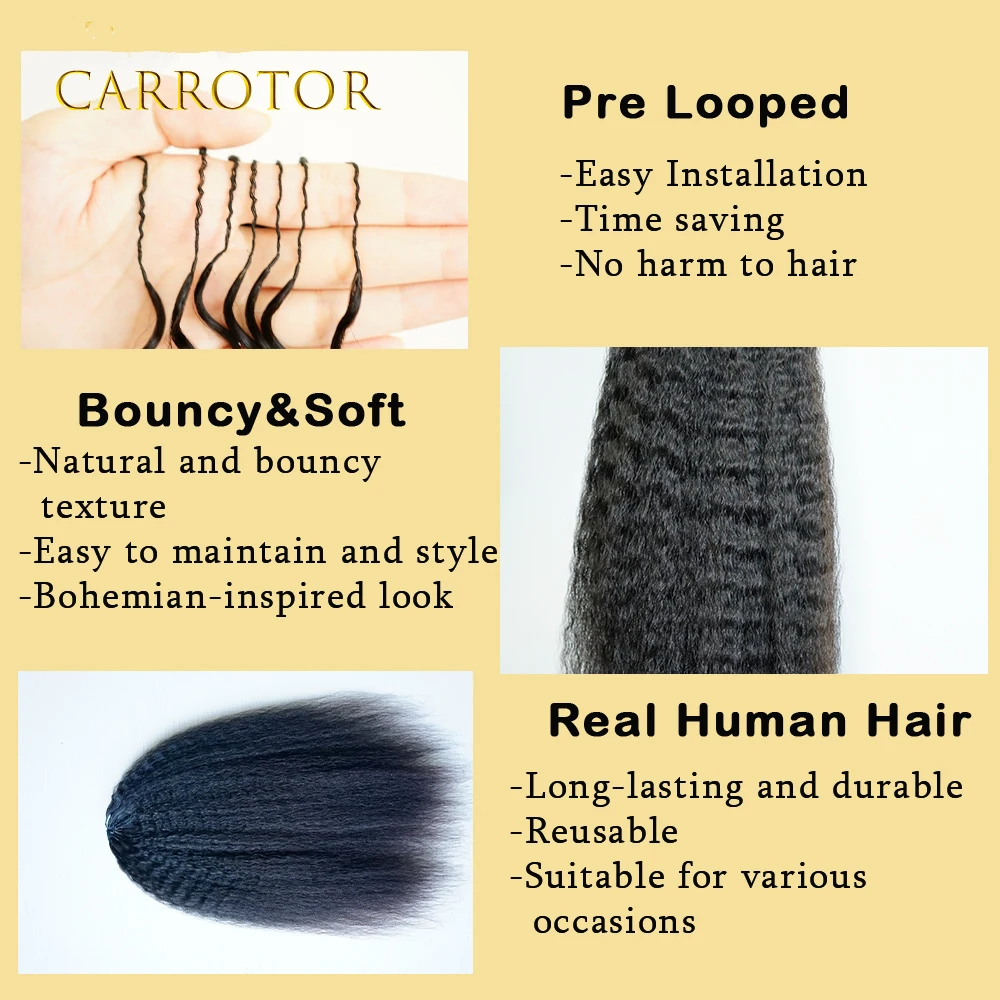 Ekstensi Rambut Kinky Straight Feather Crochet Braid Tanpa Simpul, Ekstensi Rambut Crochet Pre-Separated, Rambut Asli 100% Rambut Manusia