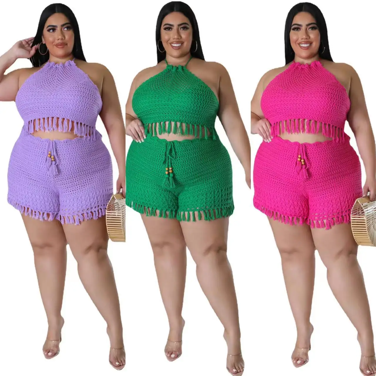 Plus Size Sexy Knitted Tassel Two Piece Set Summer Halter Sleeveless Crop Top Shorts Women Clothings Beach Style Fashion Suits