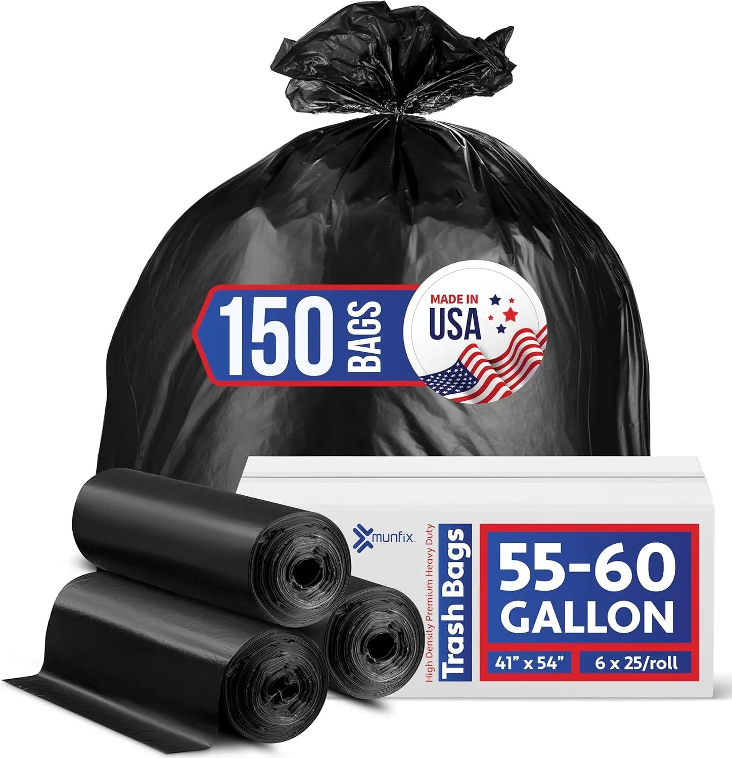 

Heavy Duty 55-60 Gallon Trash Bags, Bulk 150 Pack Large Garbage Can Liners, Made in USA