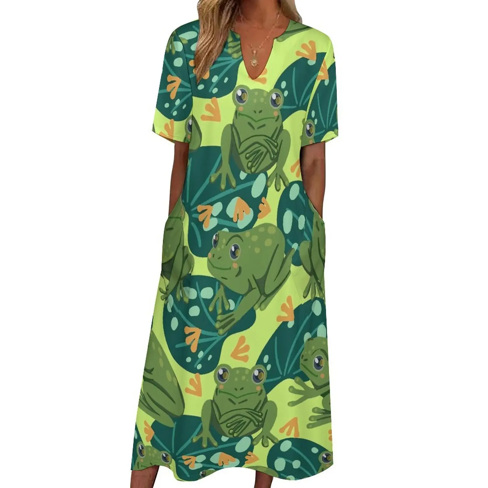 Cute Frog Dress Summer Water Lily Leaves Street Fashion Bohemia Long Dresses Women Party Maxi Dress Gift Idea