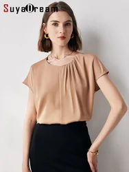 SuyaDream Women Solid Blouses Natural Silk O Neck Bat Sleeves Chic Shirts 2023 Summer Casual Top