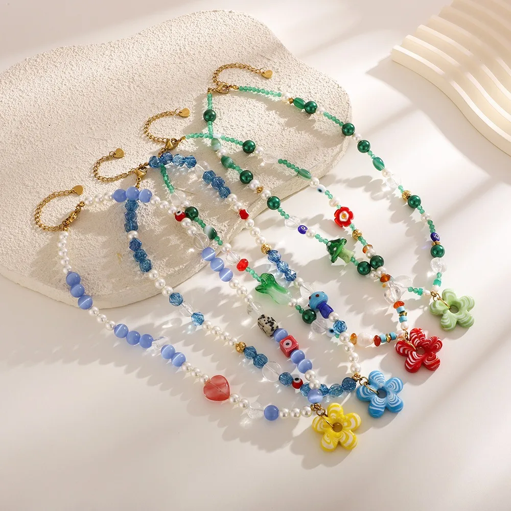 

Childishness Flower Necklace Coloured Glaze Colorful Floral Chain Choker Sweater Chain Handmade Beads Pendant Necklace Girls
