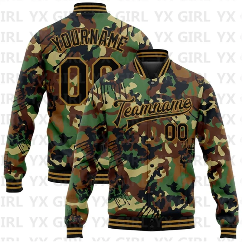 Custom Camo Black-Old Gold Graffiti Drips Bomber Full-Snap Varsity Letterman Two Tone Jacket 3D Baseball Button Jacket