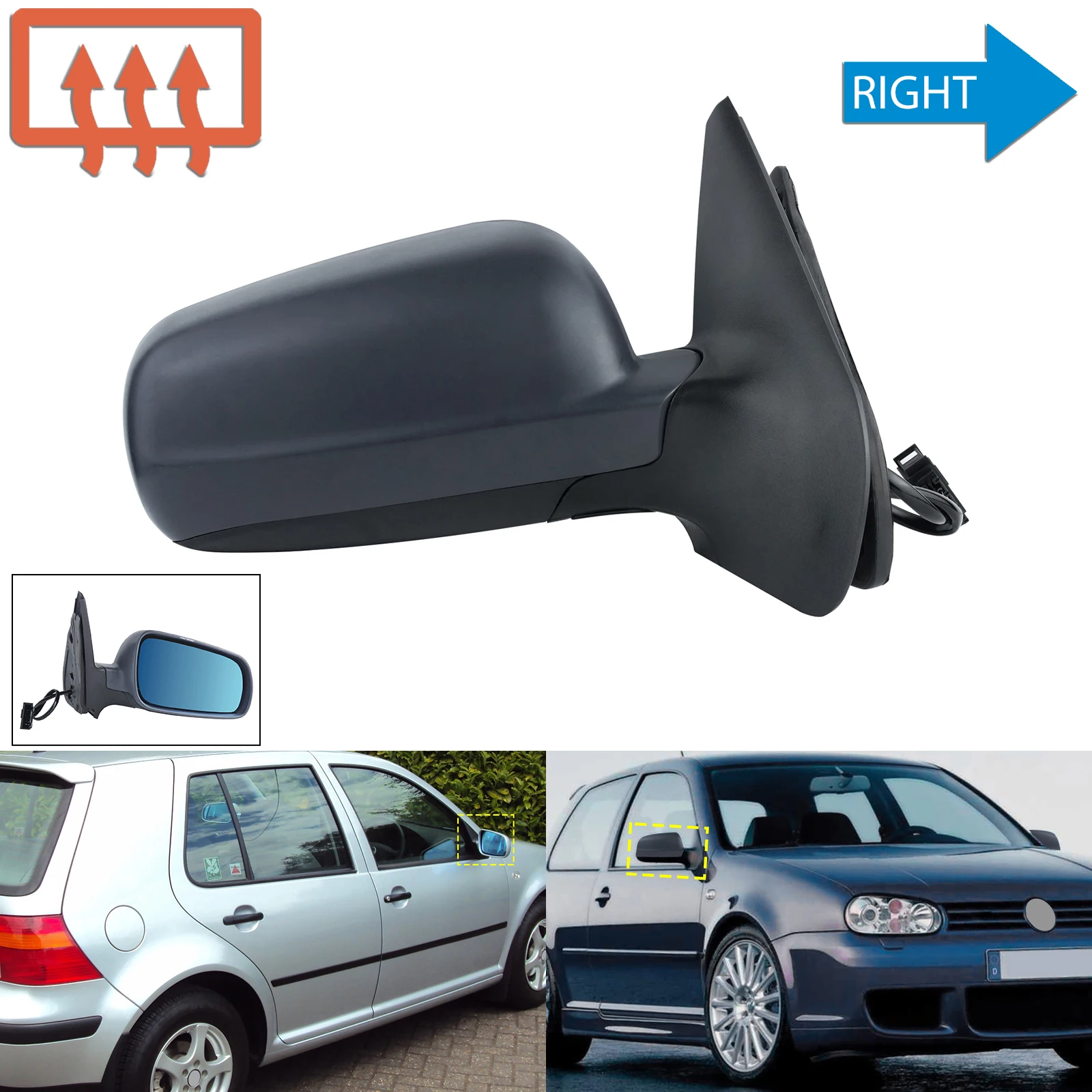 Elektryczne lusterko boczne z prawej strony, zagruntowane, podgrzewane O/S dla 97-04 VW Golf MK4