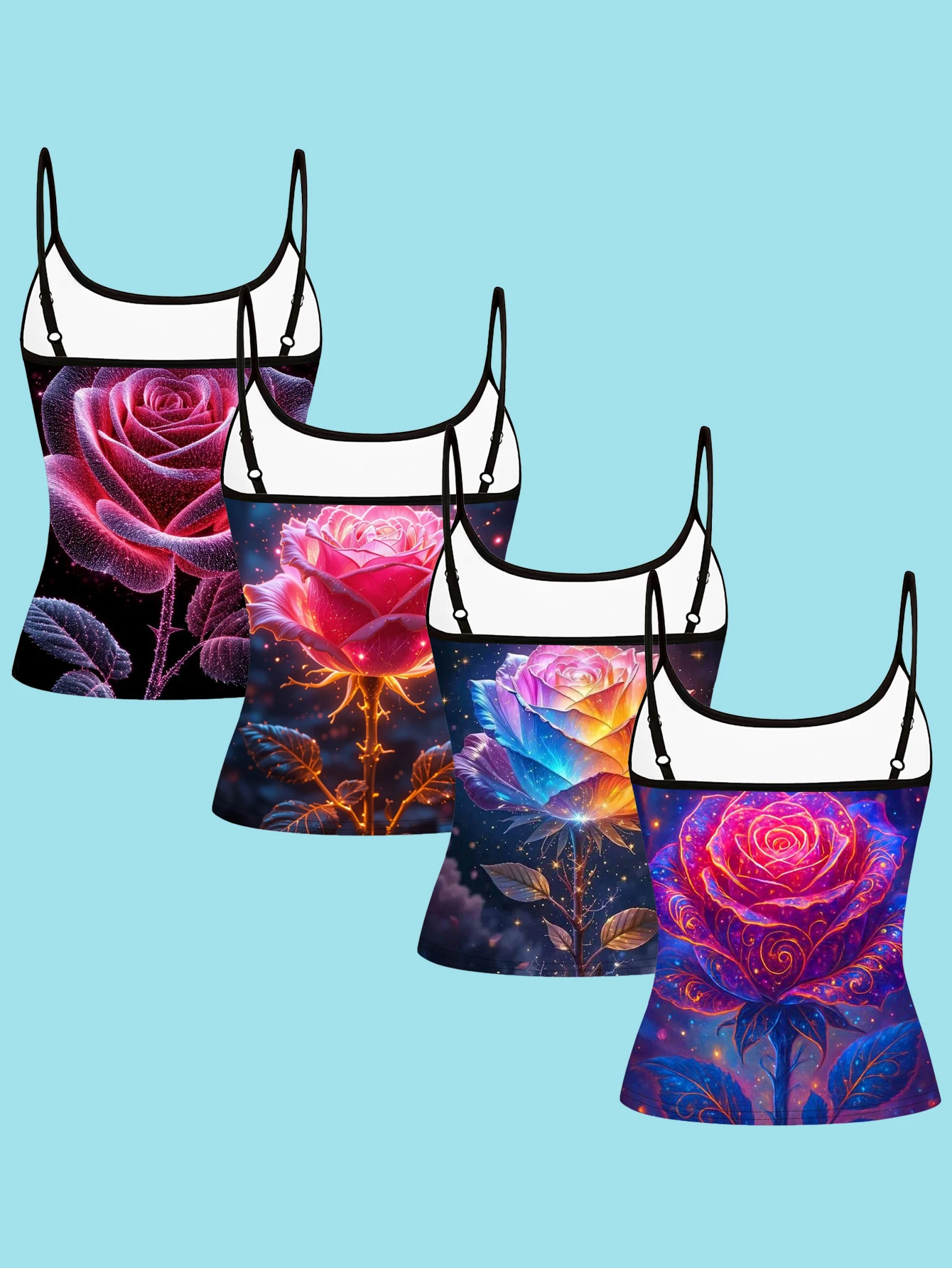 4-Piece Set of Glittery Nebula Rose Print Spaghetti Strap Camisole for Women, Stylish and Slim-Fitting, Can Be Worn as an Inner Layer or Outerwear