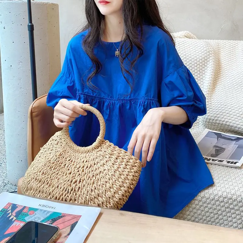 Splicing Folds Half Sleeve Doll Shirt for Women Summer Casual Loose Slimming Lantern Sleeve Pullover Tops Fashion Women Clothing view 3