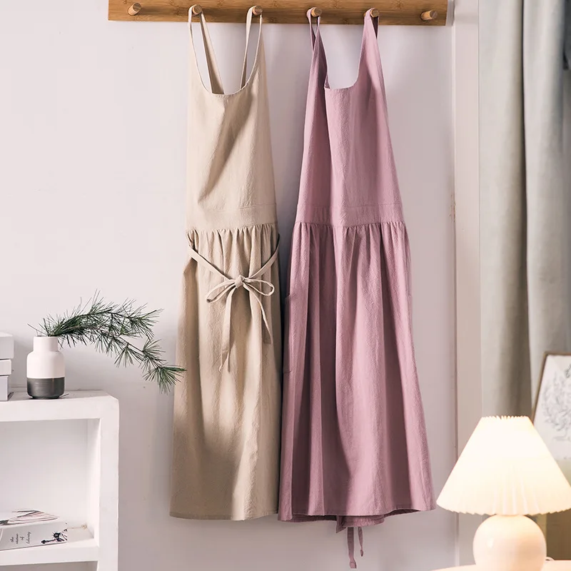 Brief Round Neck Apron Household Kitchen Cotton and Linen Anti Fouling and Wear-Resistant Apron Flower Shop Daily Work Clothes