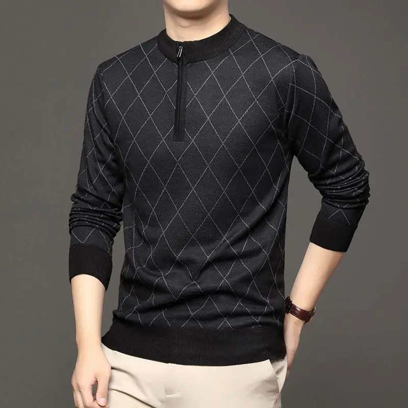 سترة رجالية سميكة ذات ياقة مدورة خفيفة فاخرة وسحاب محبوك في منتصف العمر سترة محبوكة #1