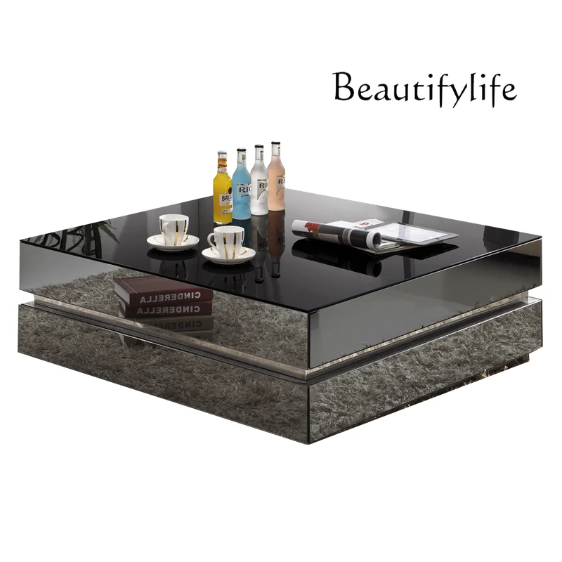 

Modern light luxury furniture marble coffee table TV cabinet combination living room black square glass tea table